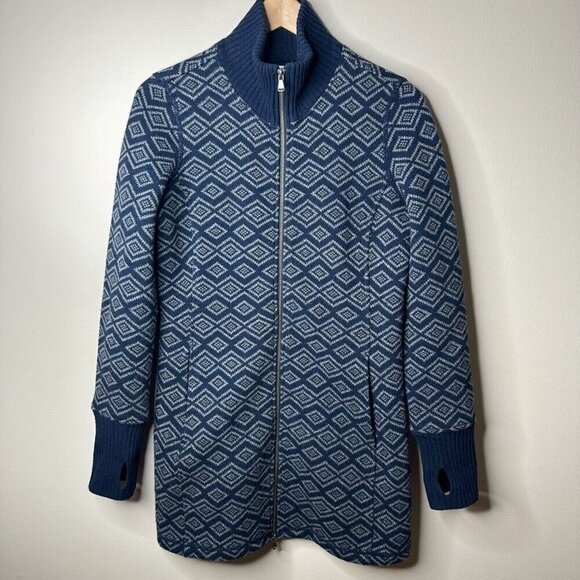 Dakini Jacket Womens Sz S Blue Diamond Print Collared Full Zip Up Wool Blend - Picture 1 of 11